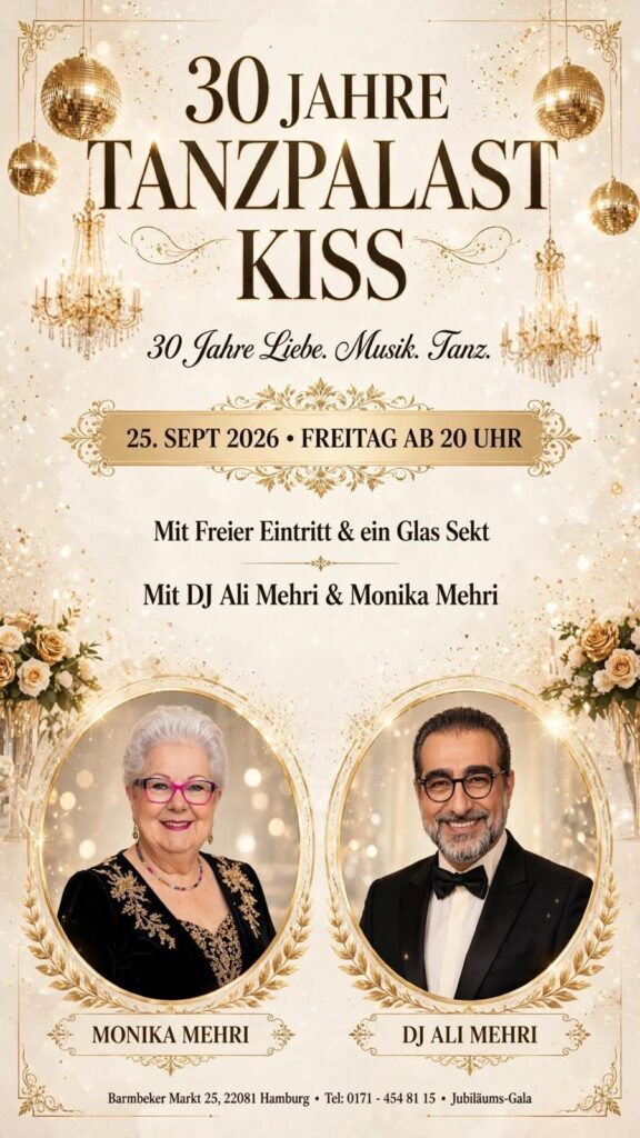 Monika  Mehri  mit  pinker  Brille  und  Ali  Mehri  im  Smoking  laecheln  festlich