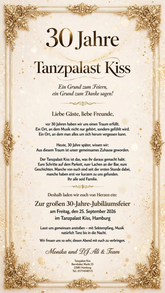 Elegante  goldene  Einladung  zur  30-Jahre-Jubilaeumsfeier  des  Tanzpalast  Kiss