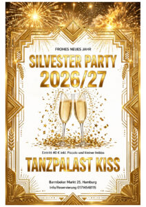 Goldenes  Plakat  zur  Silvesterparty  2026  mit  Sektglaesern  und  Feuerwerk